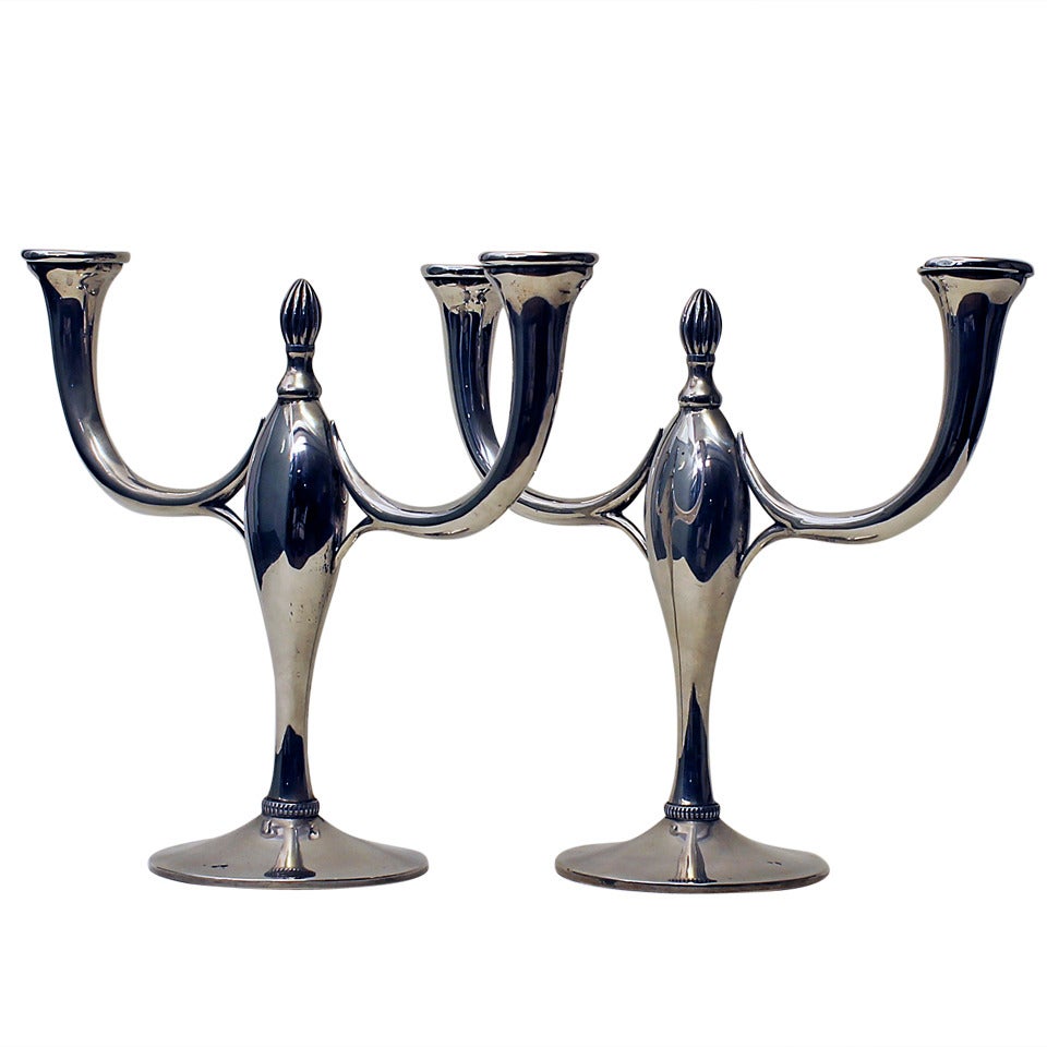 Pair of Art Deco Silver Candelabras, 2-Arms - Spain, Barcelona, 1934 - 1940 For Sale