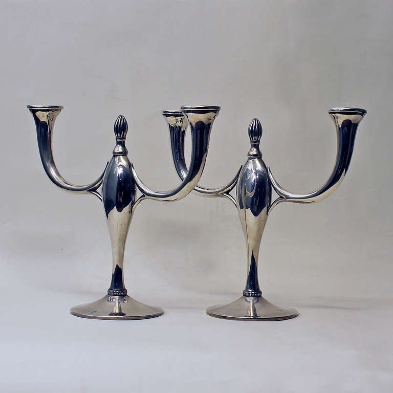 Pair of Art Deco candelabras, 2 arms, sterling silver, weighted bases.
Stamps: 