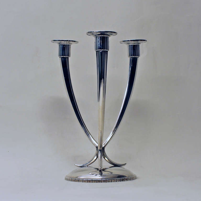Mid-Century Modern 1940s Pair of Sterling Silver Candelabras, 3 Arms, Spain