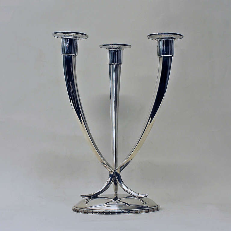 Spanish 1940s Pair of Sterling Silver Candelabras, 3 Arms, Spain