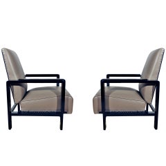 1930-1935 Pair of Art Deco Armchairs, Stained Wood and Leather - Spain