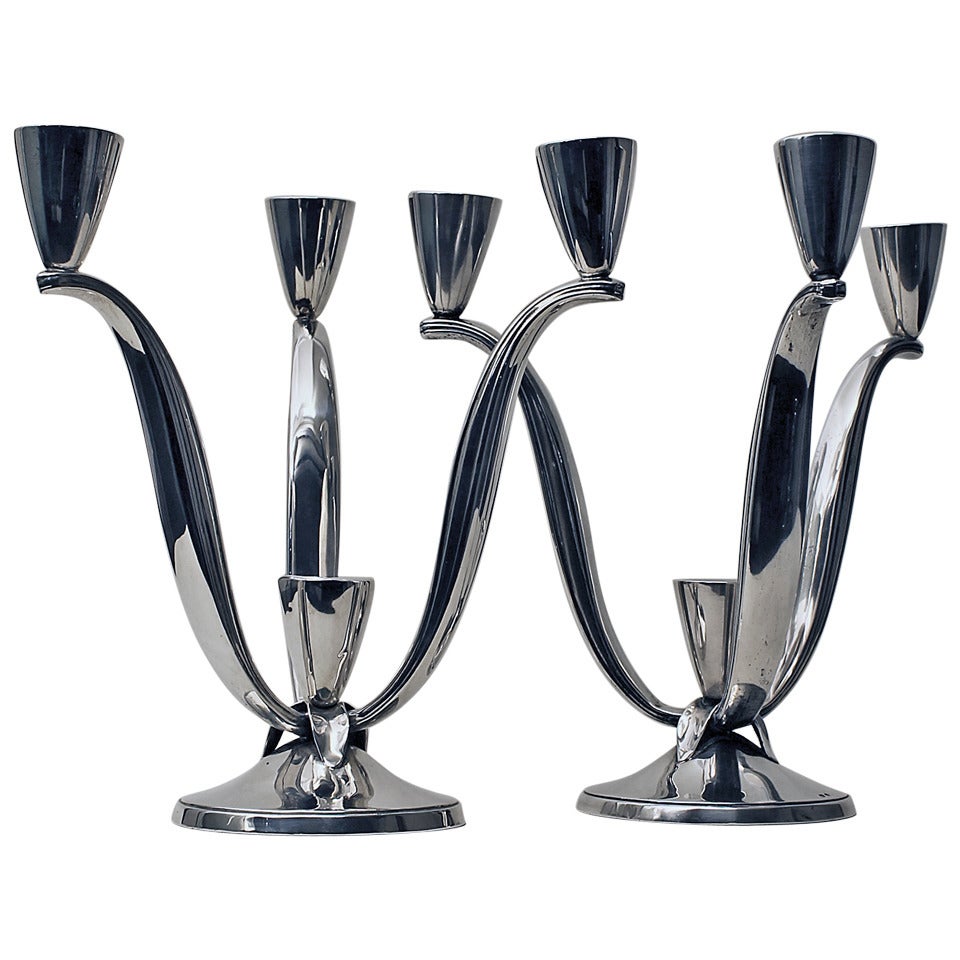 1940s Pair of Silver Candelabras, 3 Arms, 4 Candles, Spain