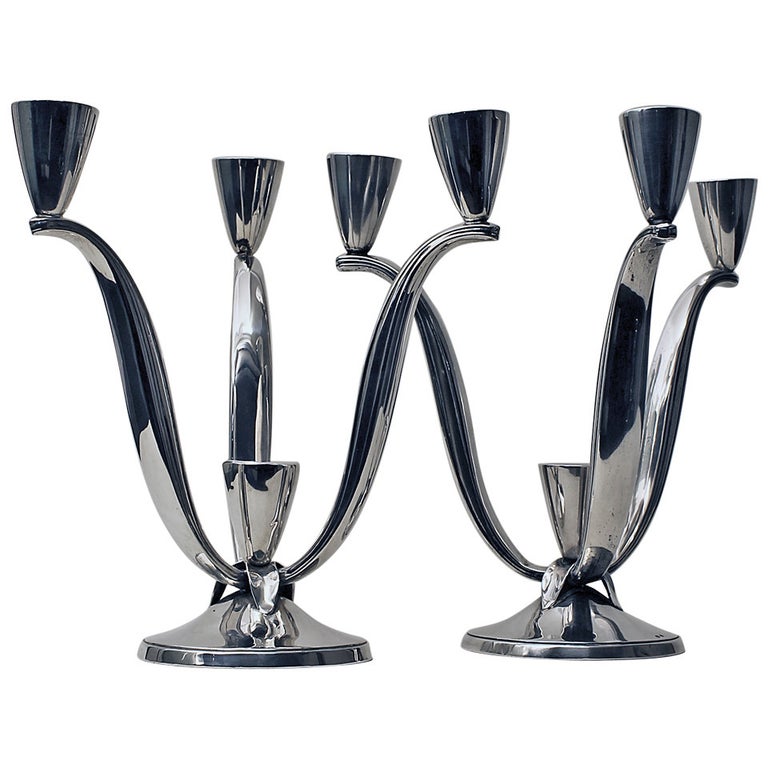 1940s Pair of Silver Candelabras, 3 Arms, 4 Candles, Spain For Sale