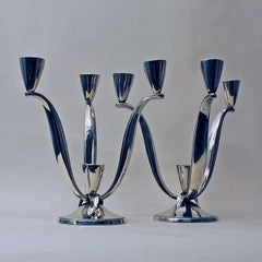 1940s Pair of Silver Candelabras, 3 Arms, 4 Candles, Spain