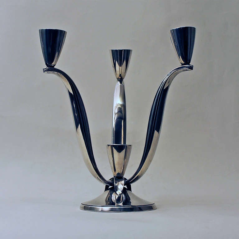 Mid-Century Modern 1940s Pair of Silver Candelabras, 3 Arms, 4 Candles, Spain For Sale