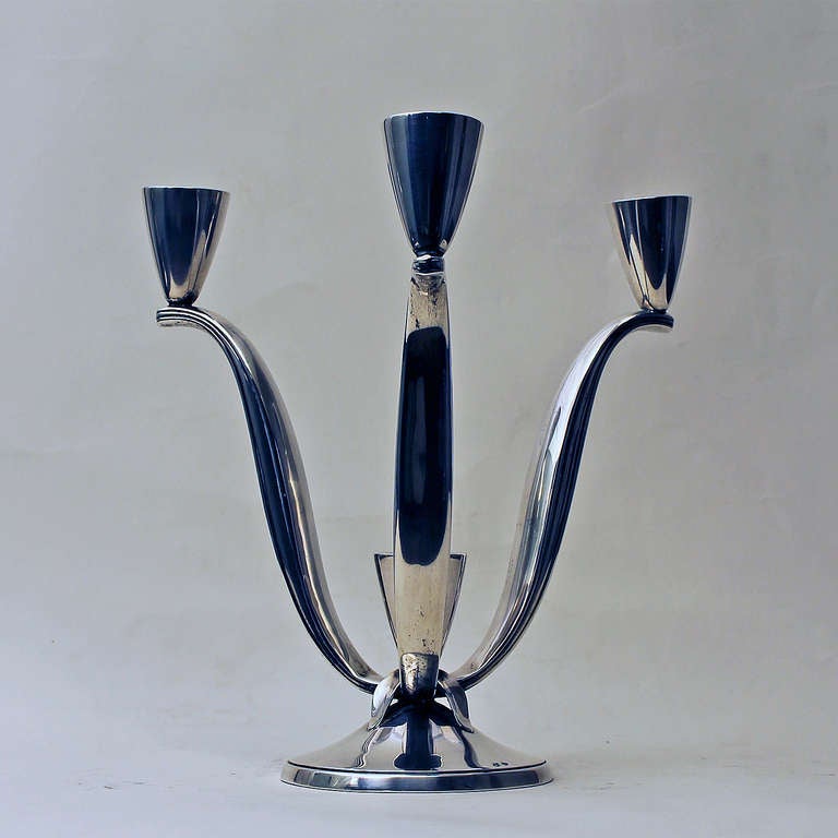 Spanish 1940s Pair of Silver Candelabras, 3 Arms, 4 Candles, Spain For Sale