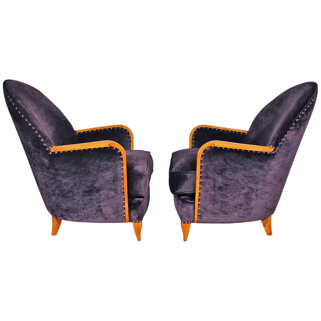 1925 Pair of Small Art Deco Armchairs, Sycamore, Velvet, France