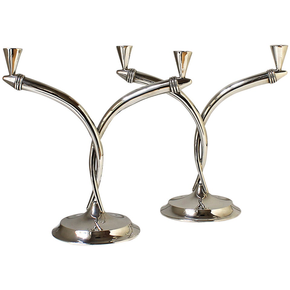 1930s Pair of Art Deco Silver Candelabra, 2 Branches, Spain