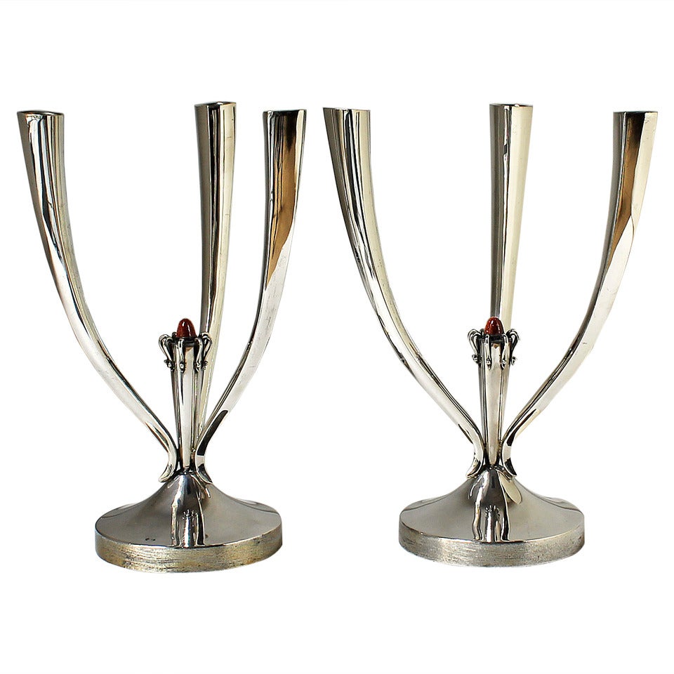 Pair of Mid-Century Modern Silver Candelabras, Enameled Cabochon - Spain