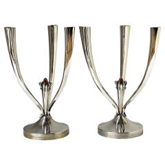 1950s Pair of Three Branches Silver Candelabras, Enameled Cabochon, Spain