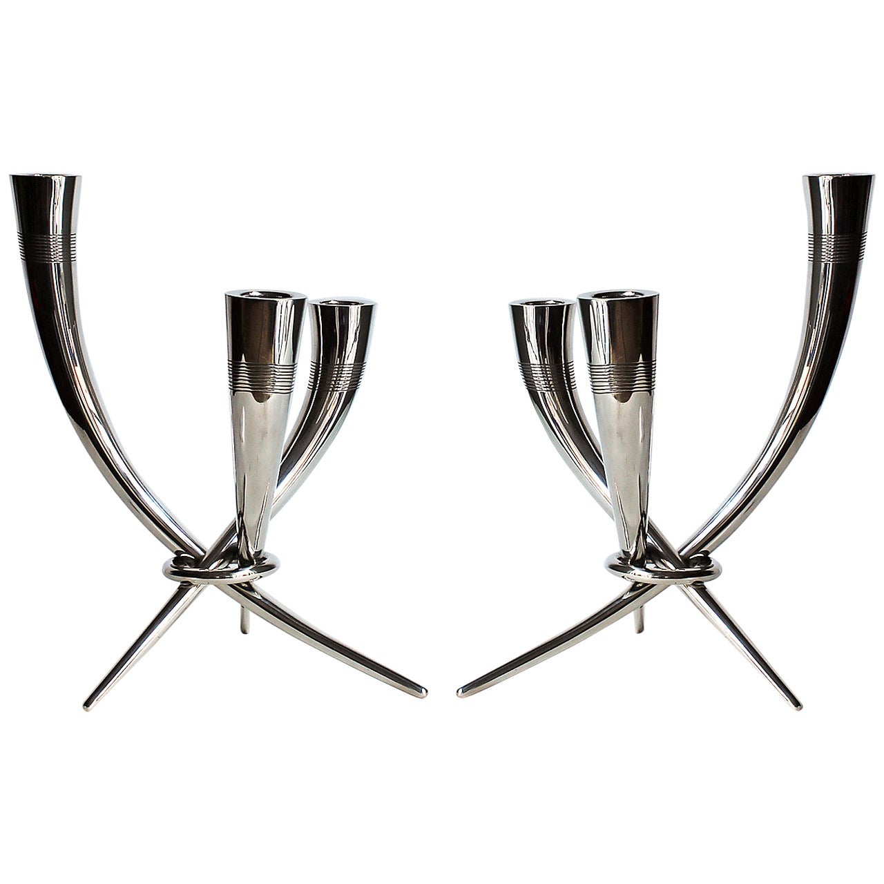 Pair of Mid-Century Modern Sterling Silver Candelabrum, Three Branches - Spain