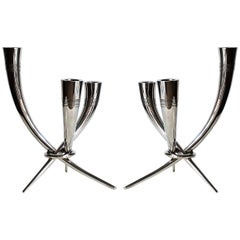 1950s Pair of Sterling Silver Candelabrum, Three Branches, Spain