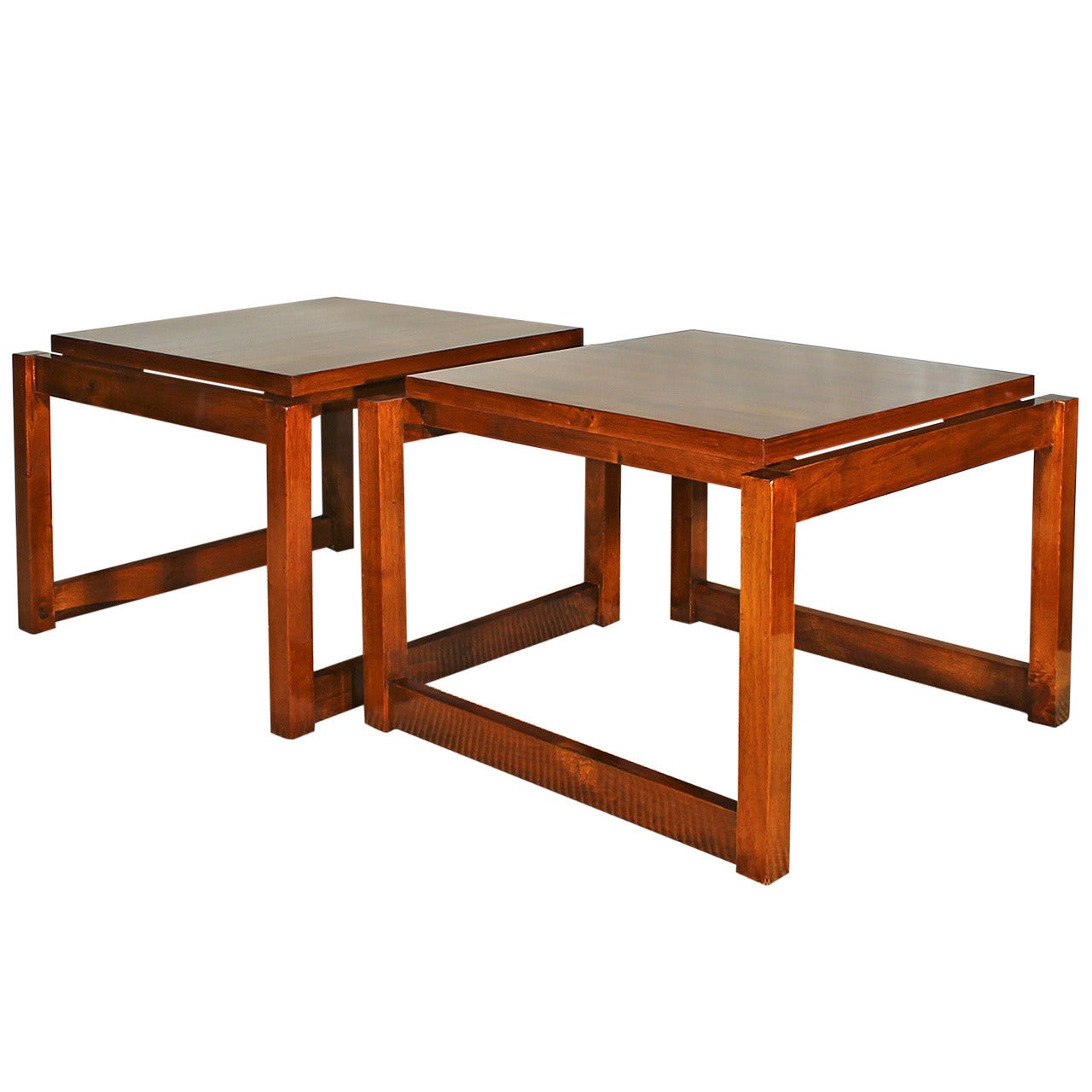 1960s Pair of Cubist Style Coffee Tables, Walnut, France