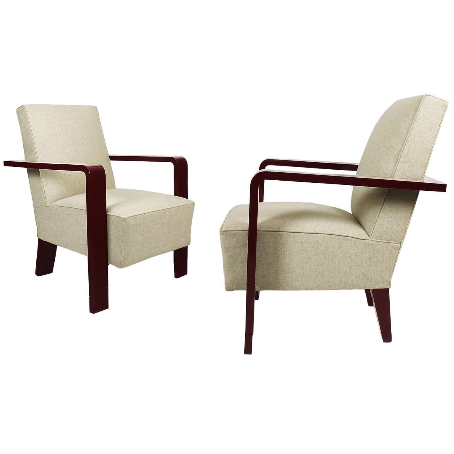 1930s Pair of Art Deco Cubist Armchairs, Lacquered Beech, Off White Wool Belgium