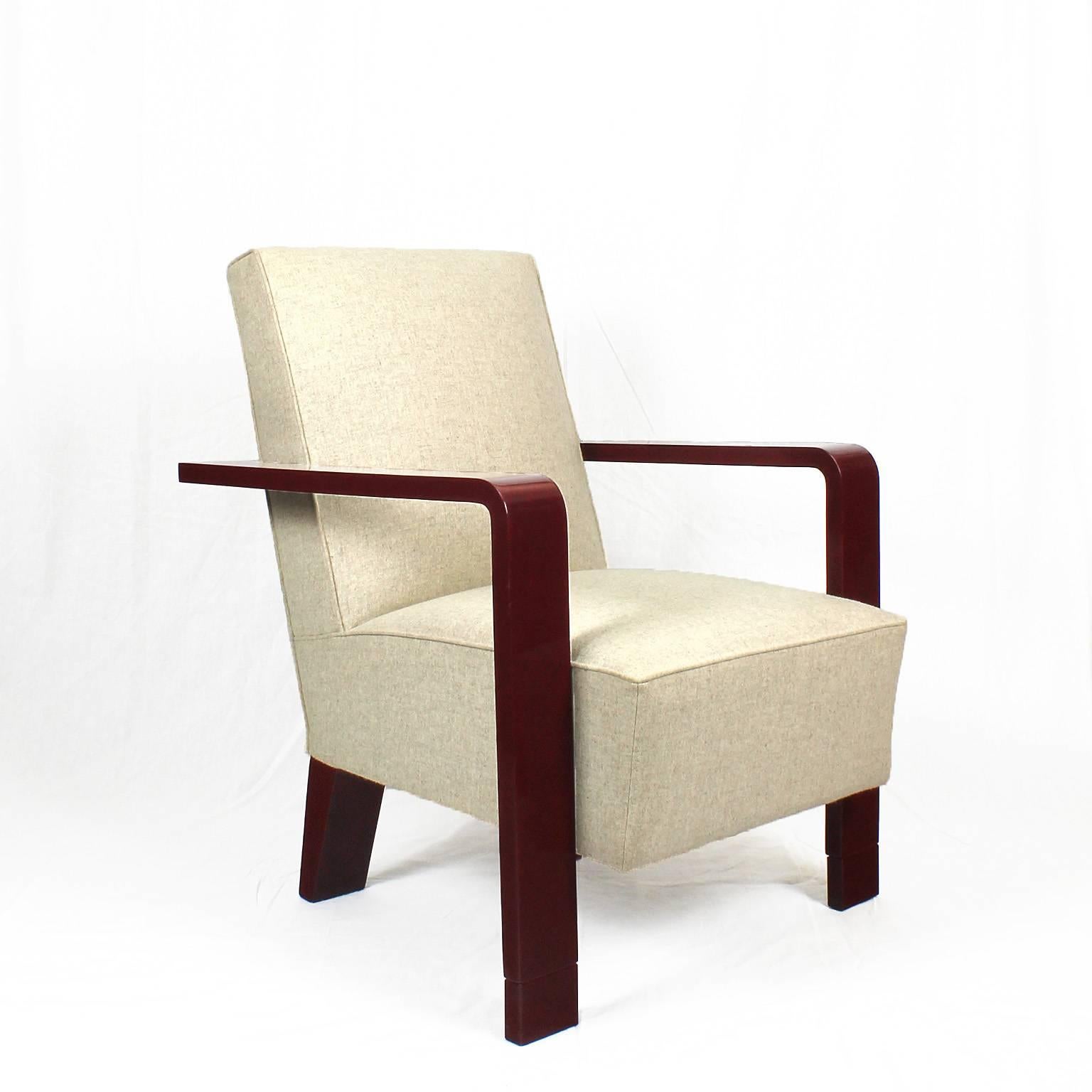 1930s Pair of Art Deco Cubist Armchairs, Lacquered Beech, Off White Wool Belgium (Art déco)