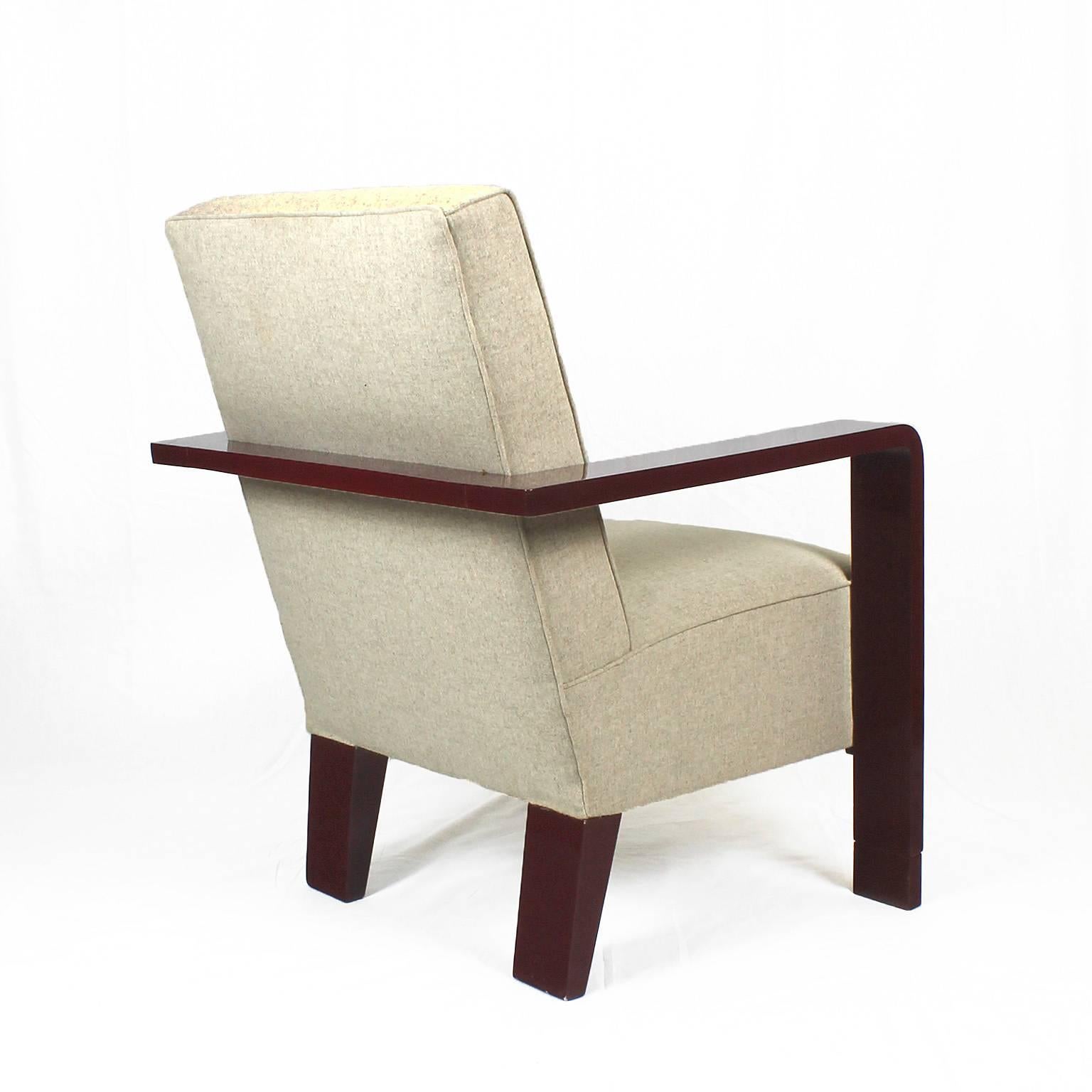 1930s Pair of Art Deco Cubist Armchairs, Lacquered Beech, Off White Wool Belgium (Lackiert)