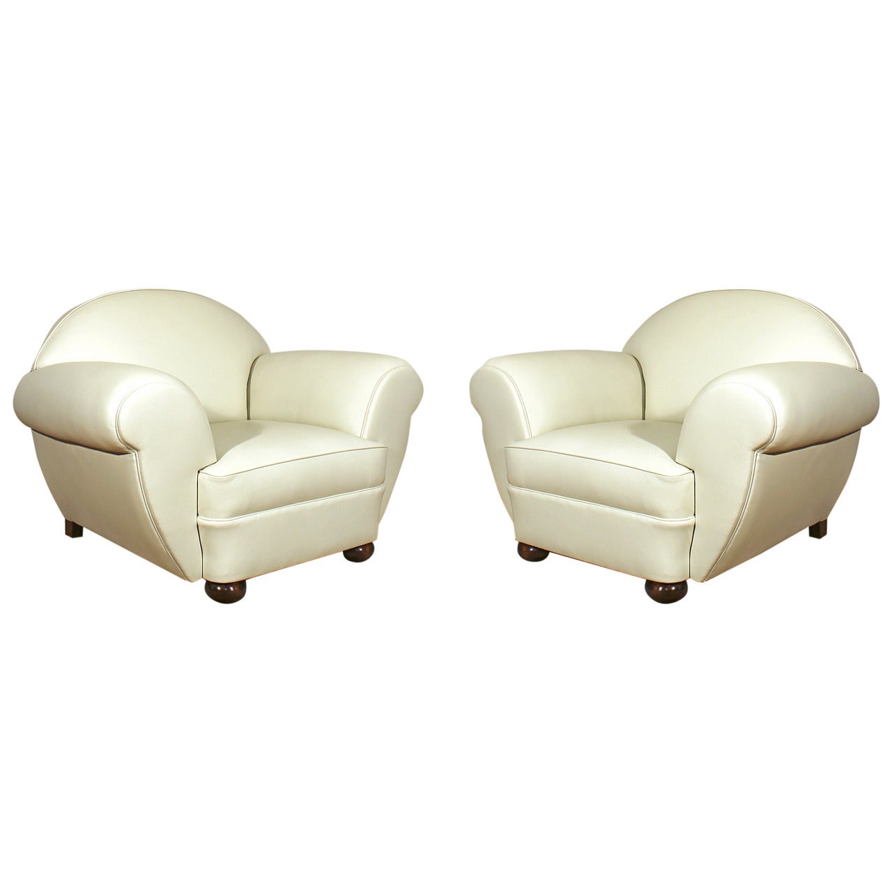 Pair of Large Art Deco Club Armchairs in Ivory Leather - Belgium