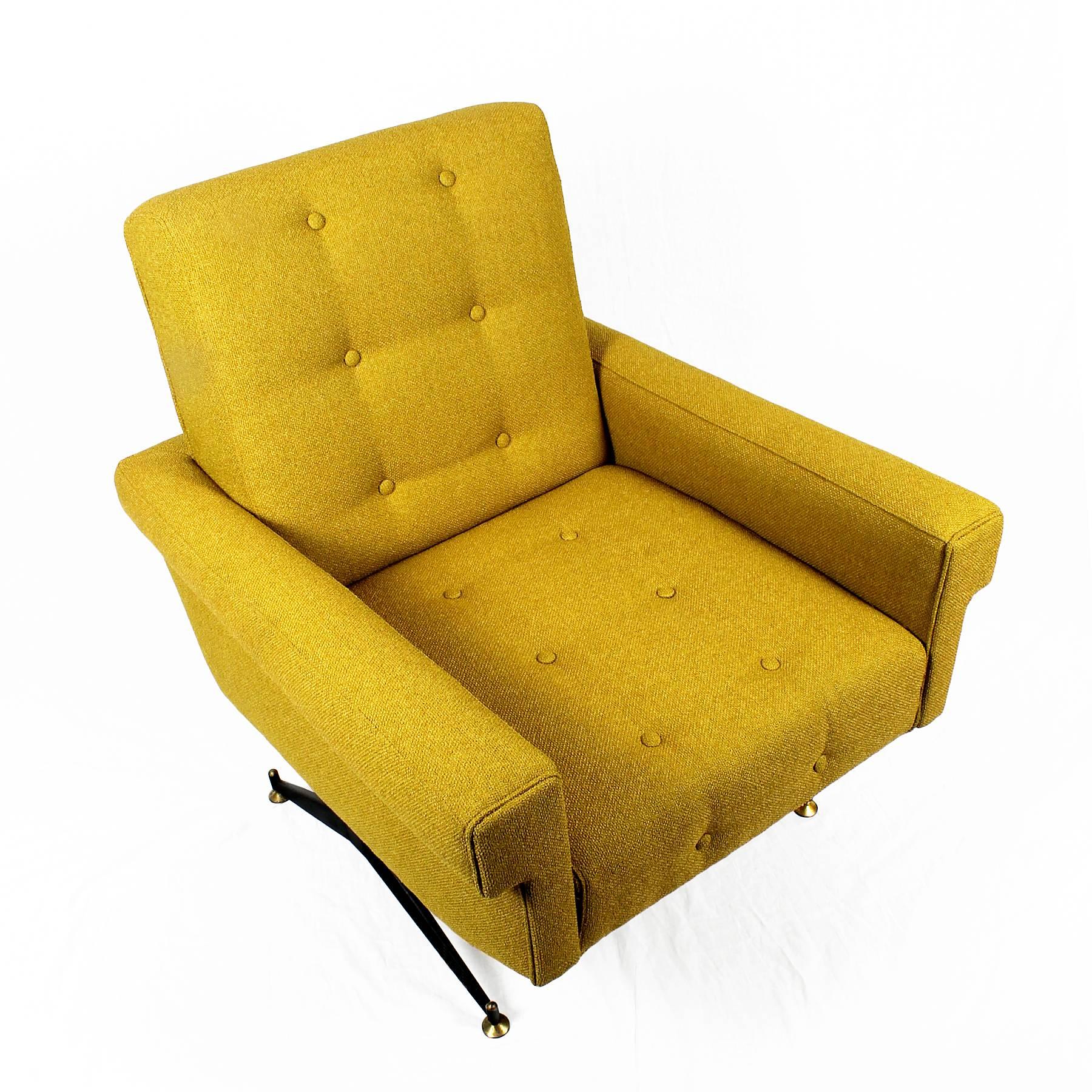 Brass Pair of Mid-Century Modern Padded Armchairs With Yellow-Mustard Fabric - Italy For Sale