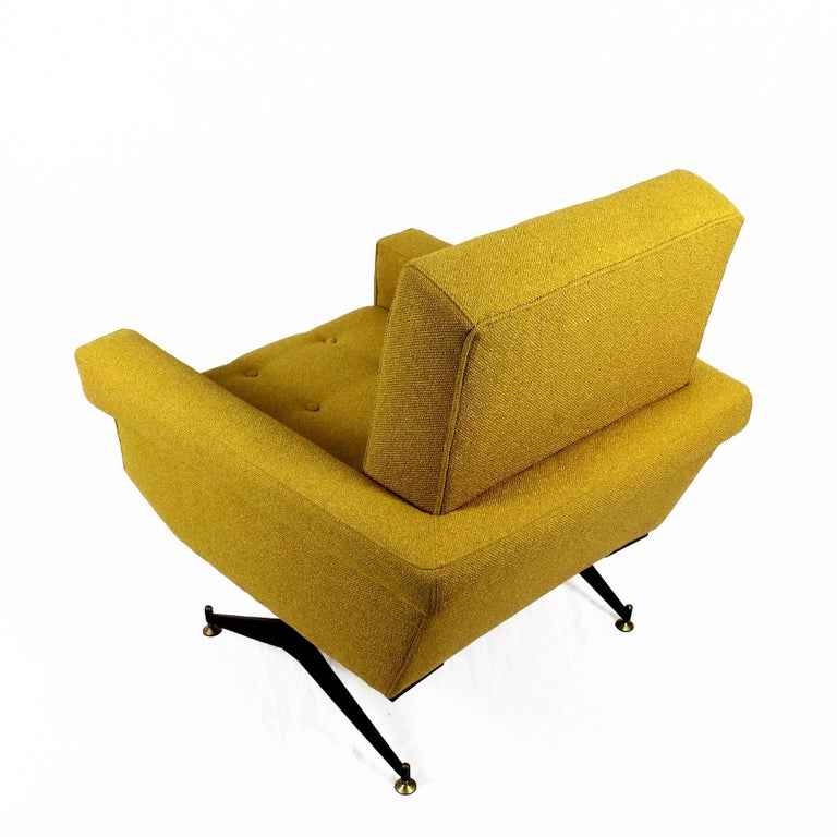 Brass 1960s Pair of Padded Armchairs, Yellow and Black, Steel, Upholstery, Italy For Sale