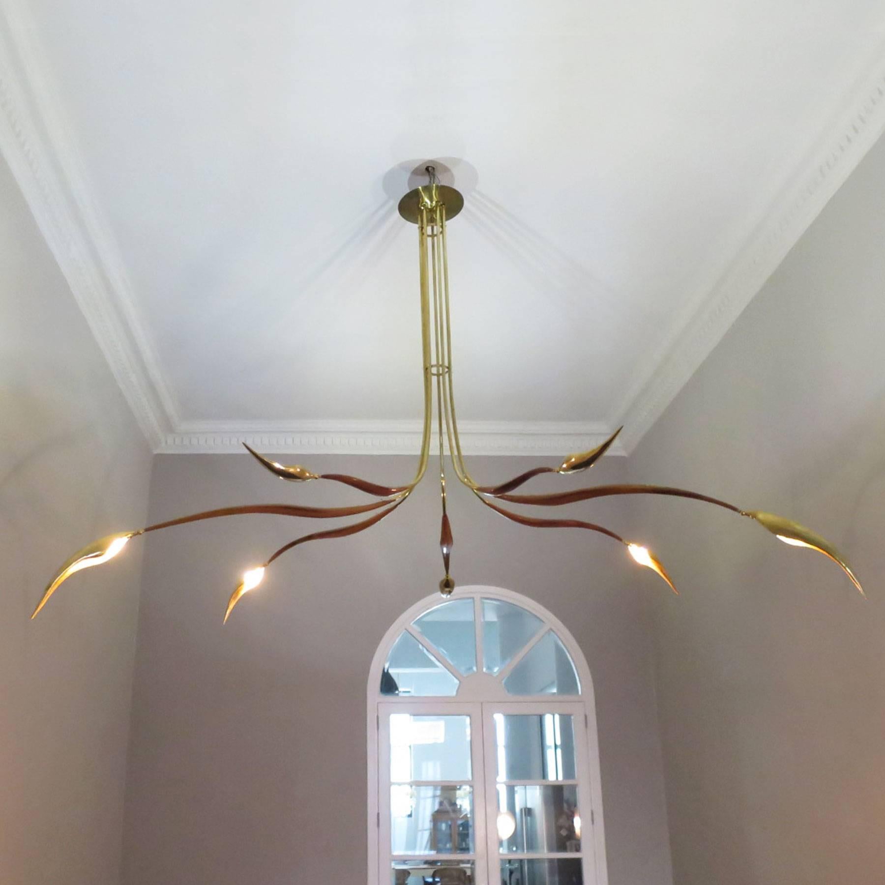 Hand-Carved Contemporary Chrysalide Chandelier, Wood and Brass, Oma Light Design, Spain For Sale