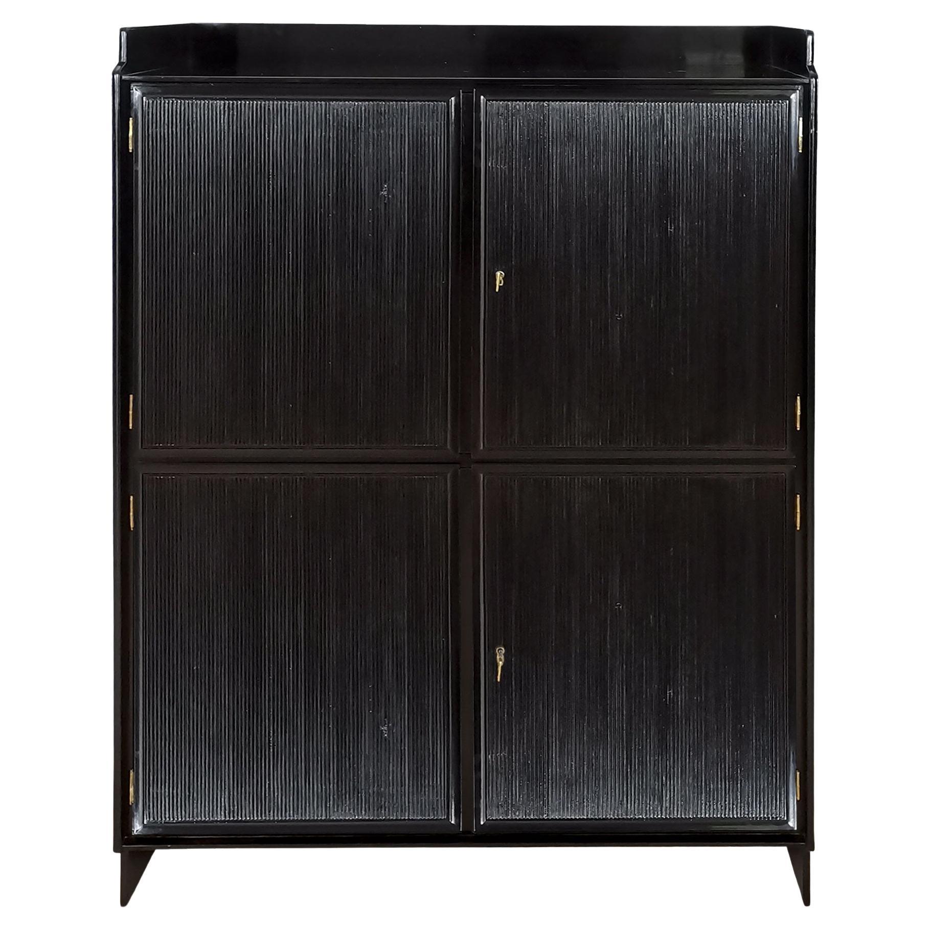 1940's  Cabinet with Four Doors, "Grissini" Decoration, Walnut, Italy