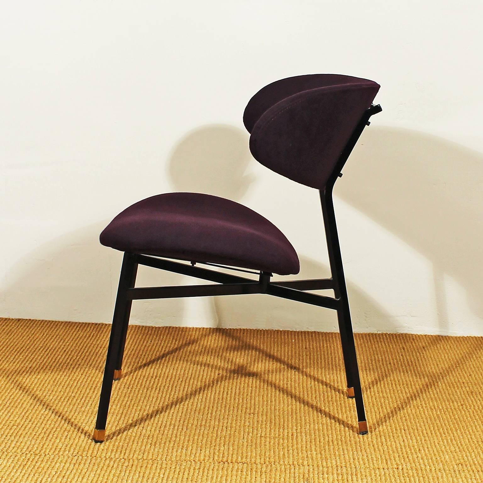 Italian 1950s Pair of Low Chairs, Iron, Brass, Violet Felt Upholstery, Italy
