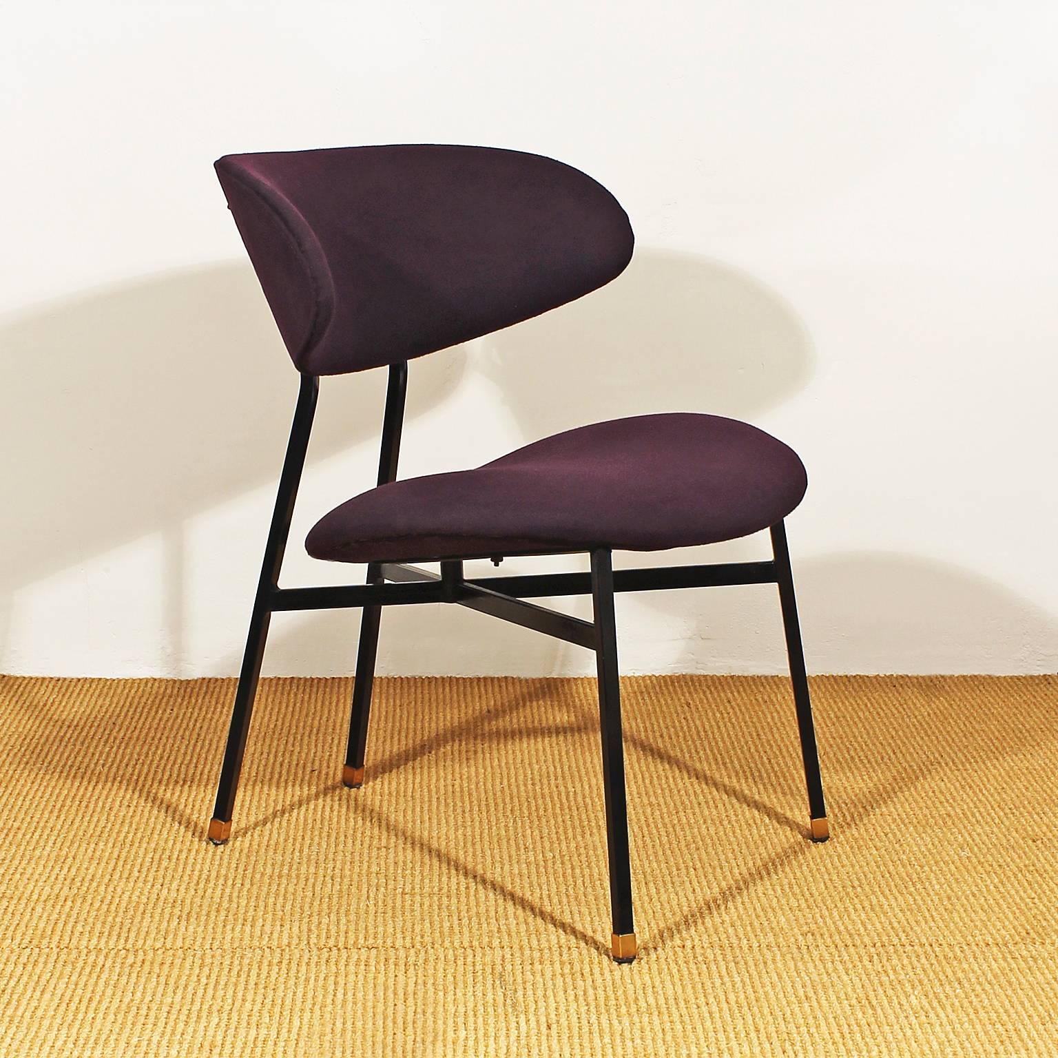 Mid-Century Modern 1950s Pair of Low Chairs, Iron, Brass, Violet Felt Upholstery, Italy