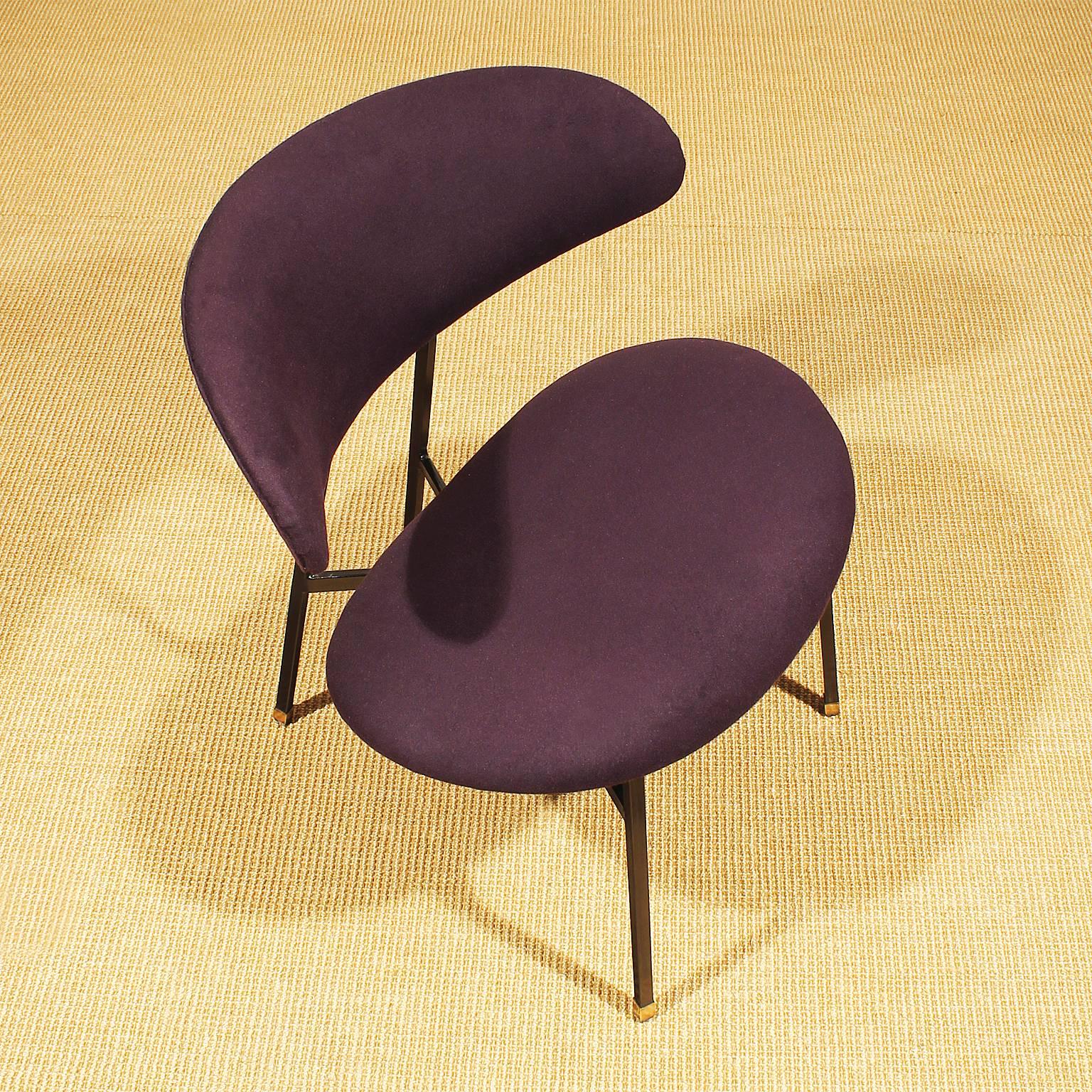 Mid-20th Century 1950s Pair of Low Chairs, Iron, Brass, Violet Felt Upholstery, Italy