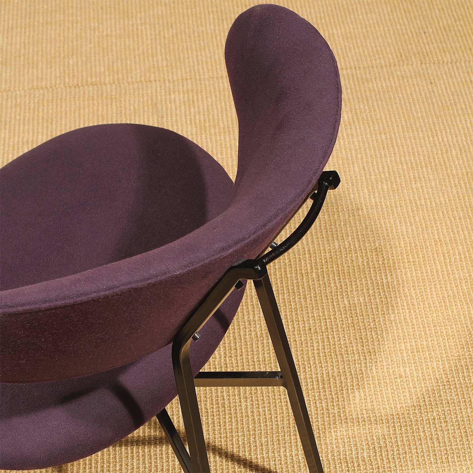 1950s Pair of Low Chairs, Iron, Brass, Violet Felt Upholstery, Italy 1