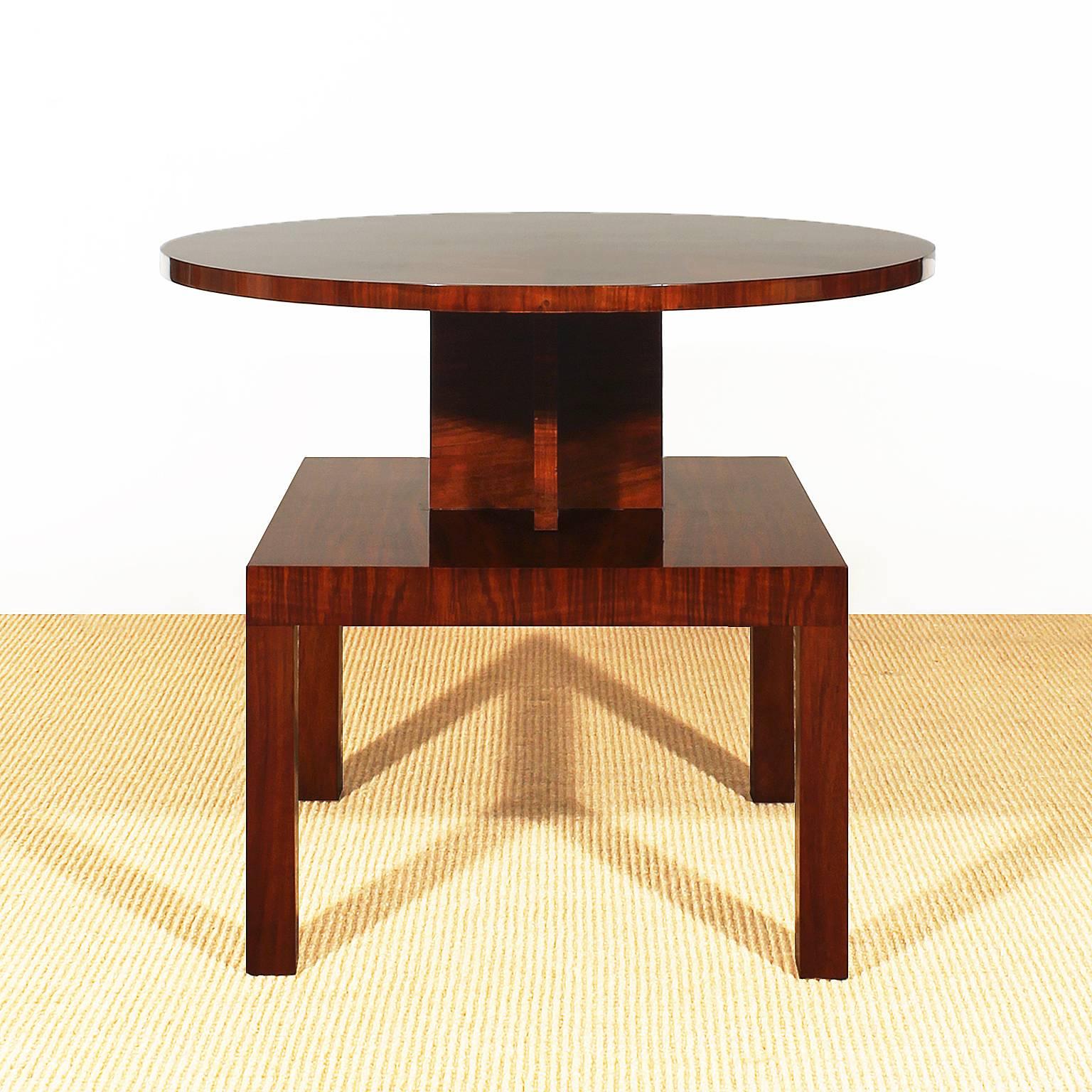 Art Deco cubist side table, walnut veneer with marquetry, French polish,
France, circa 1930.