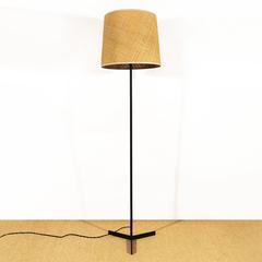 1950s Minimalist Standing Lamp, steel, raffia lampshade - Spain