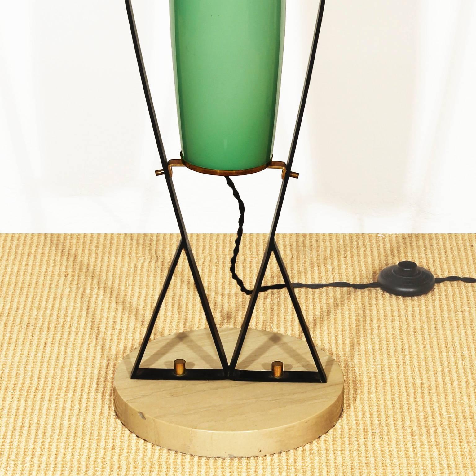 Italian 1950s Standing Lamp, black iron, travertine, brass, celadon green brass - Italy