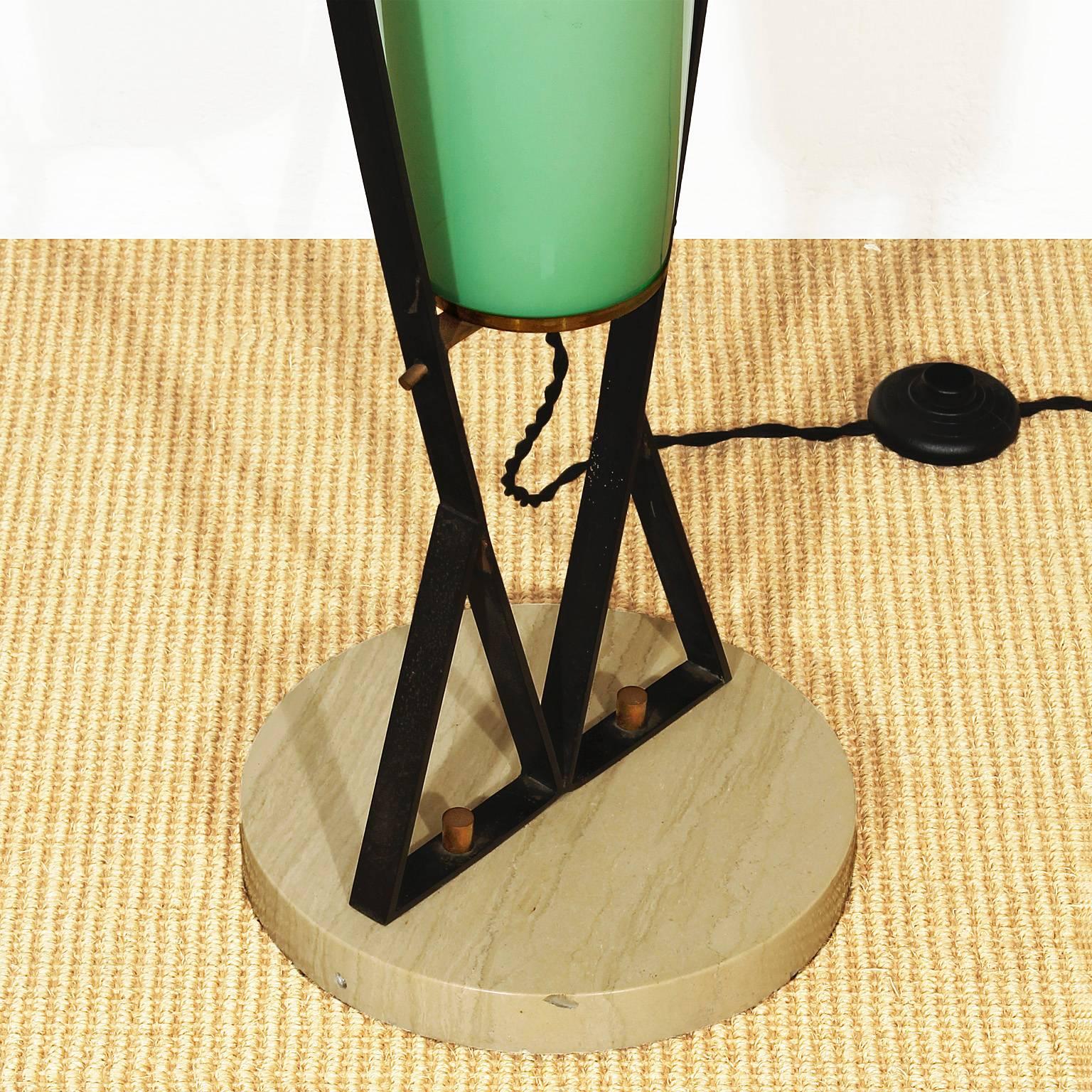 1950s Standing Lamp, black iron, travertine, brass, celadon green brass - Italy In Good Condition In Girona, ES