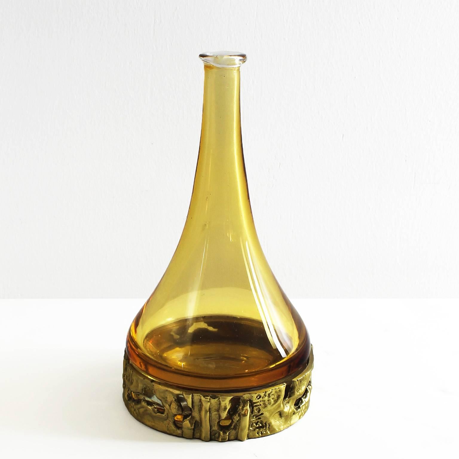 1970er Set aus drei Murano-Flaschen von Angelo Brotto, gelbes Glas, Bronze - Italien (Moderne der Mitte des Jahrhunderts) im Angebot