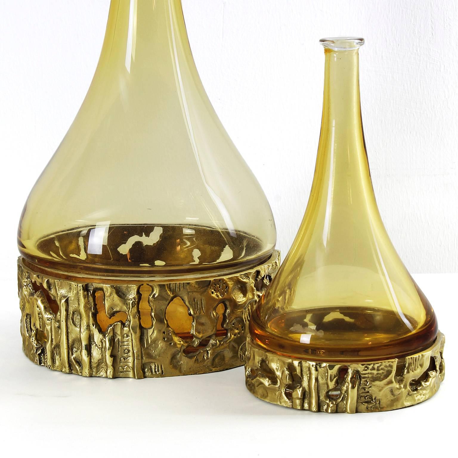Mid-Century Modern 1970s Set of Three Murano Bottles by Angelo Brotto, yellow glass, bronze - Italy For Sale