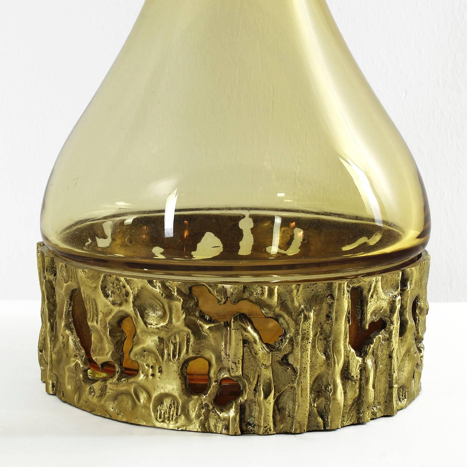 1970er Set aus drei Murano-Flaschen von Angelo Brotto, gelbes Glas, Bronze - Italien im Zustand „Hervorragend“ im Angebot in Girona, ES