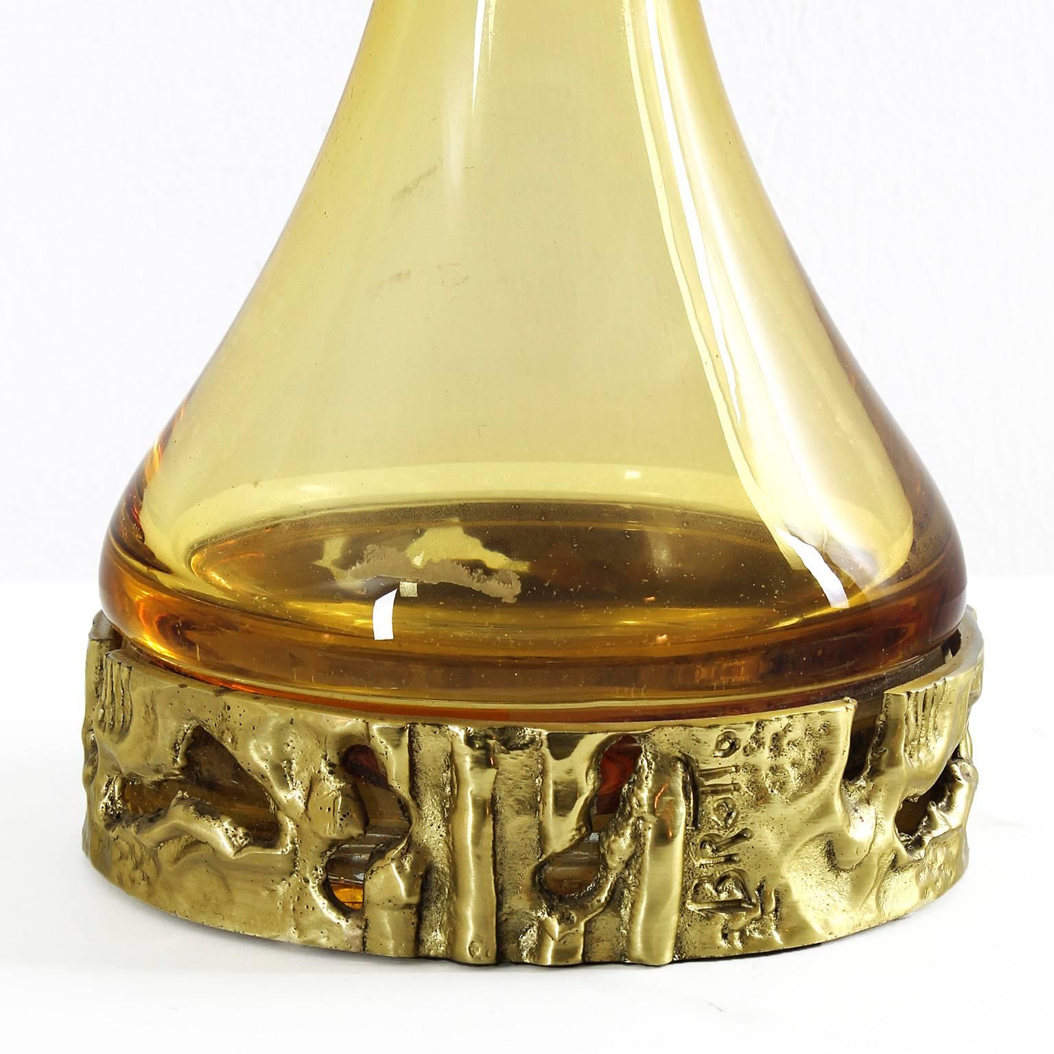 1970er Set aus drei Murano-Flaschen von Angelo Brotto, gelbes Glas, Bronze - Italien (Muranoglas) im Angebot