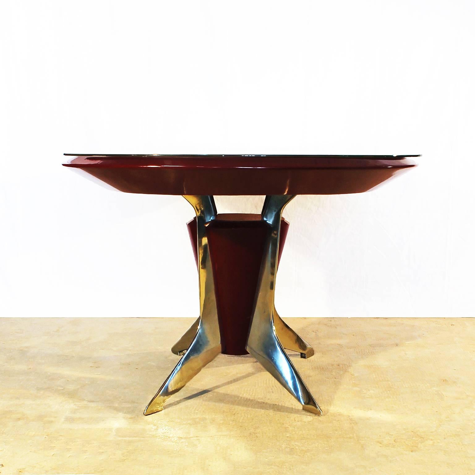 Mid-Century Modern 1950´s Dining Table, red lacquered wood, aluminium, silver leaf glass - Italy  