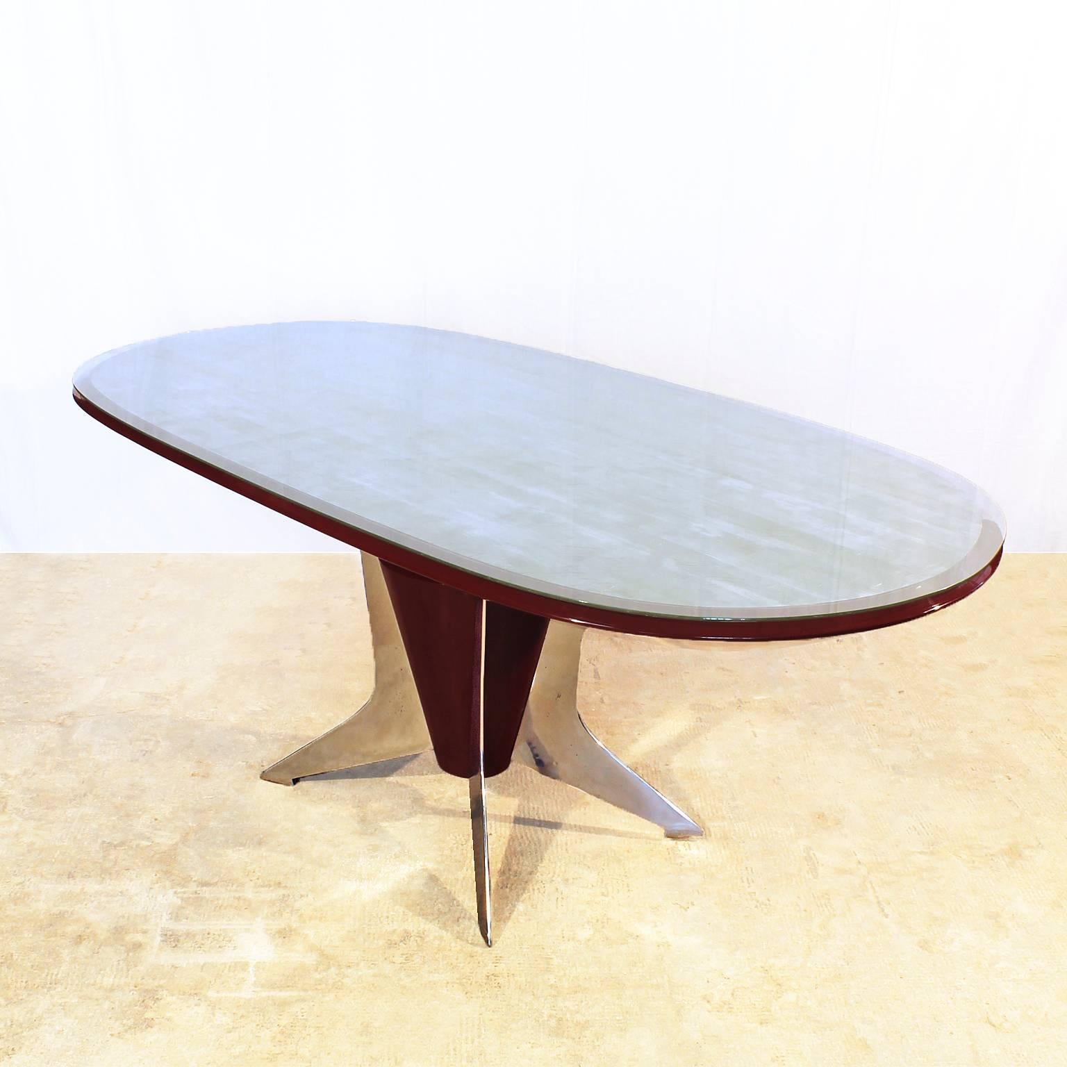 Italian 1950´s Dining Table, red lacquered wood, aluminium, silver leaf glass - Italy  
