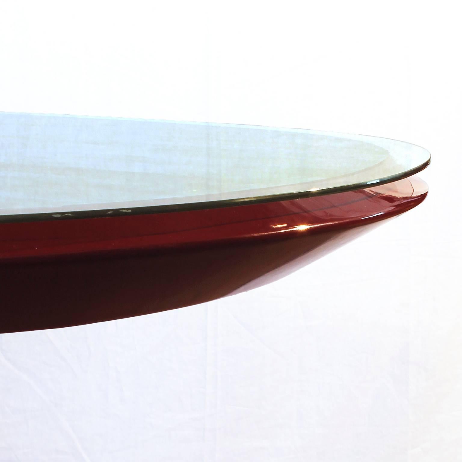 1950´s Dining Table, red lacquered wood, aluminium, silver leaf glass - Italy   In Good Condition In Girona, ES