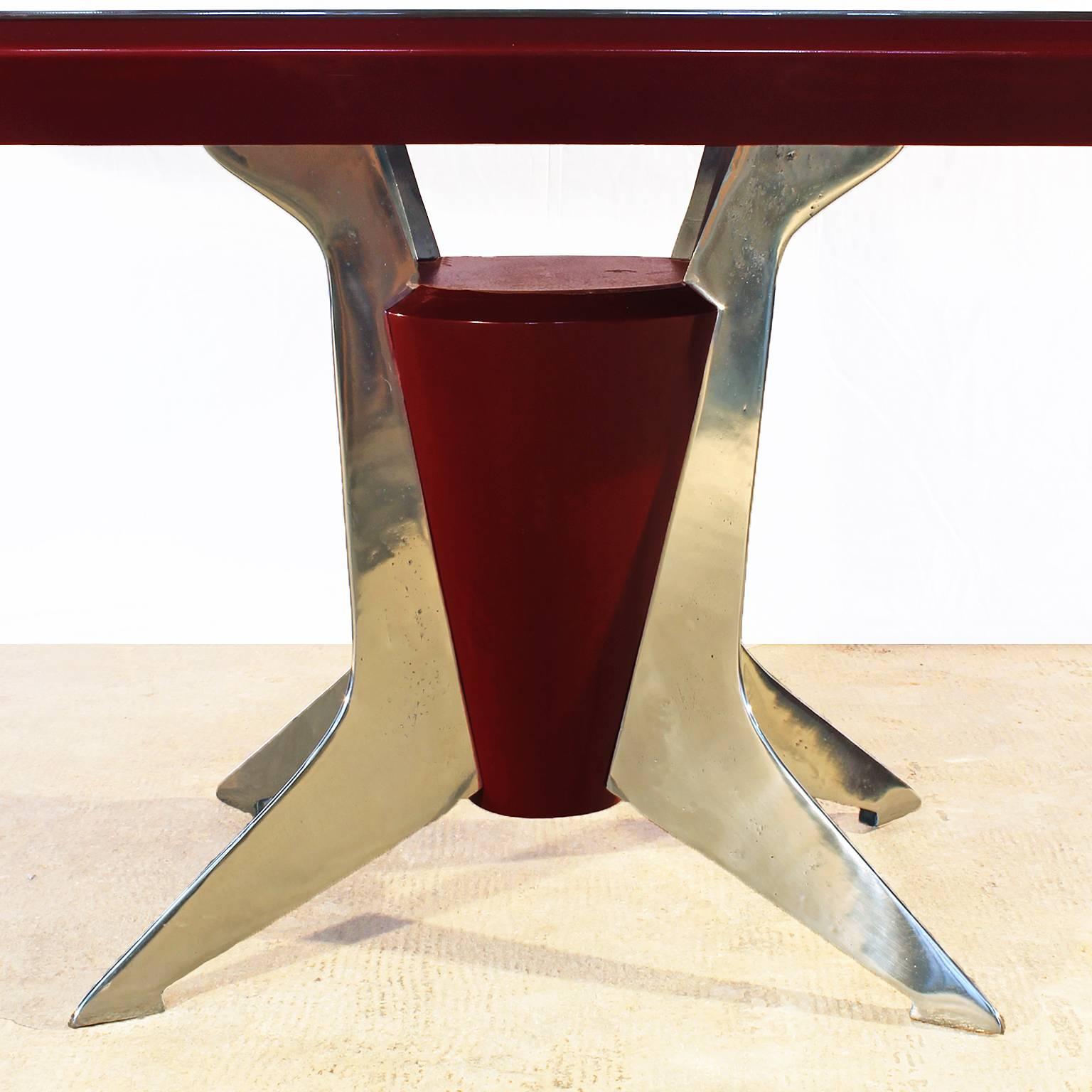 Mid-20th Century 1950´s Dining Table, red lacquered wood, aluminium, silver leaf glass - Italy  