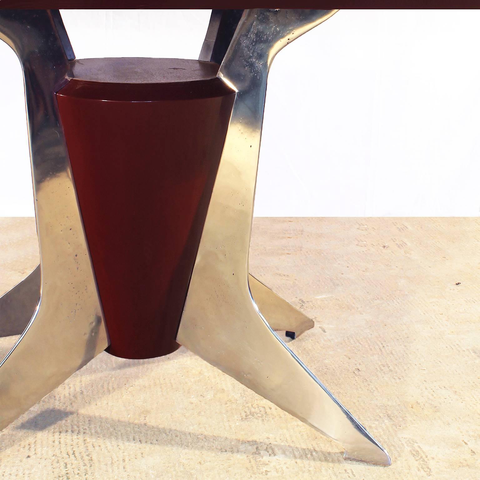 Aluminum 1950´s Dining Table, red lacquered wood, aluminium, silver leaf glass - Italy  