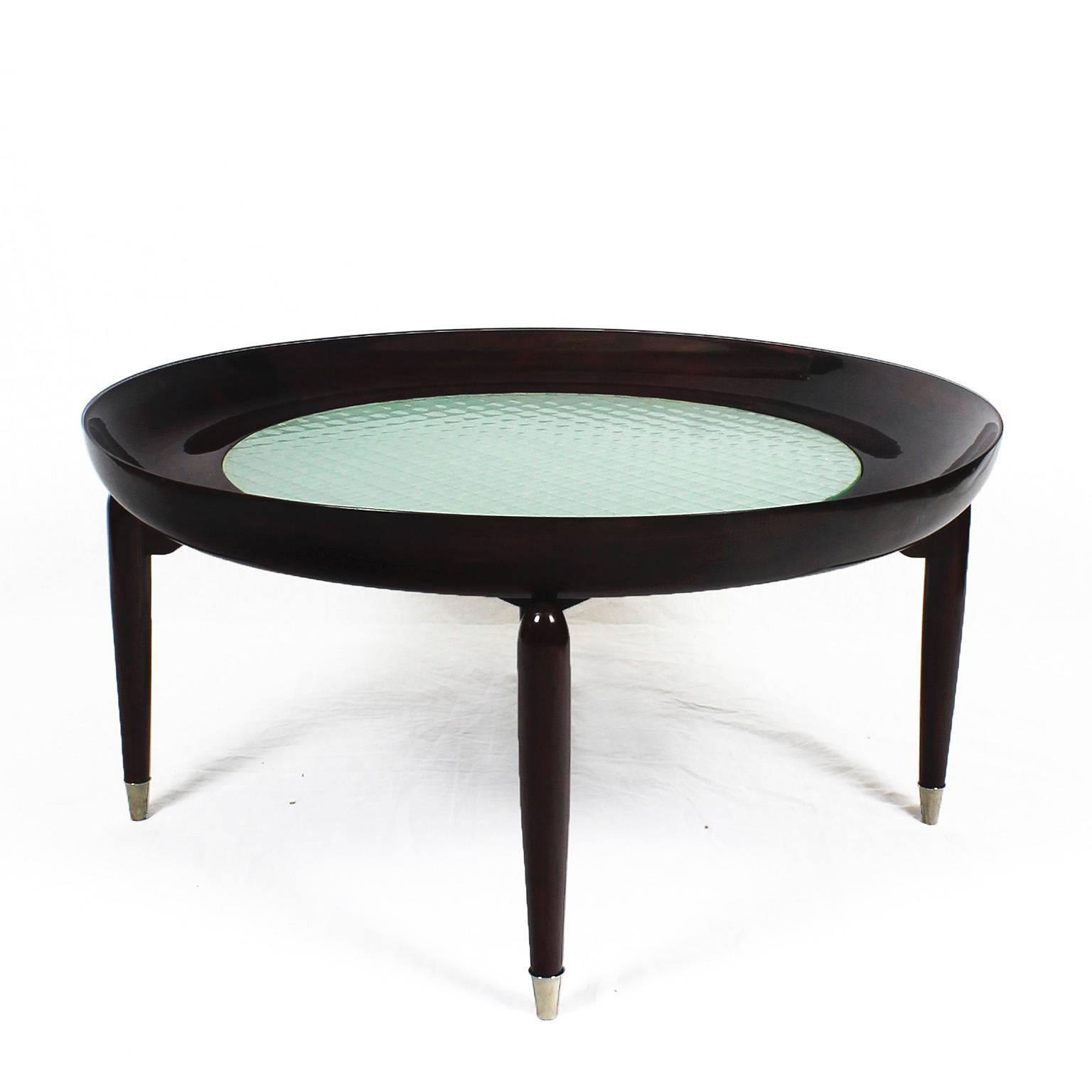 Mid-Century Modern 1945-1950 Round Coffee Table, solid mahogany, mirror, wire glass, brass - Italy 
