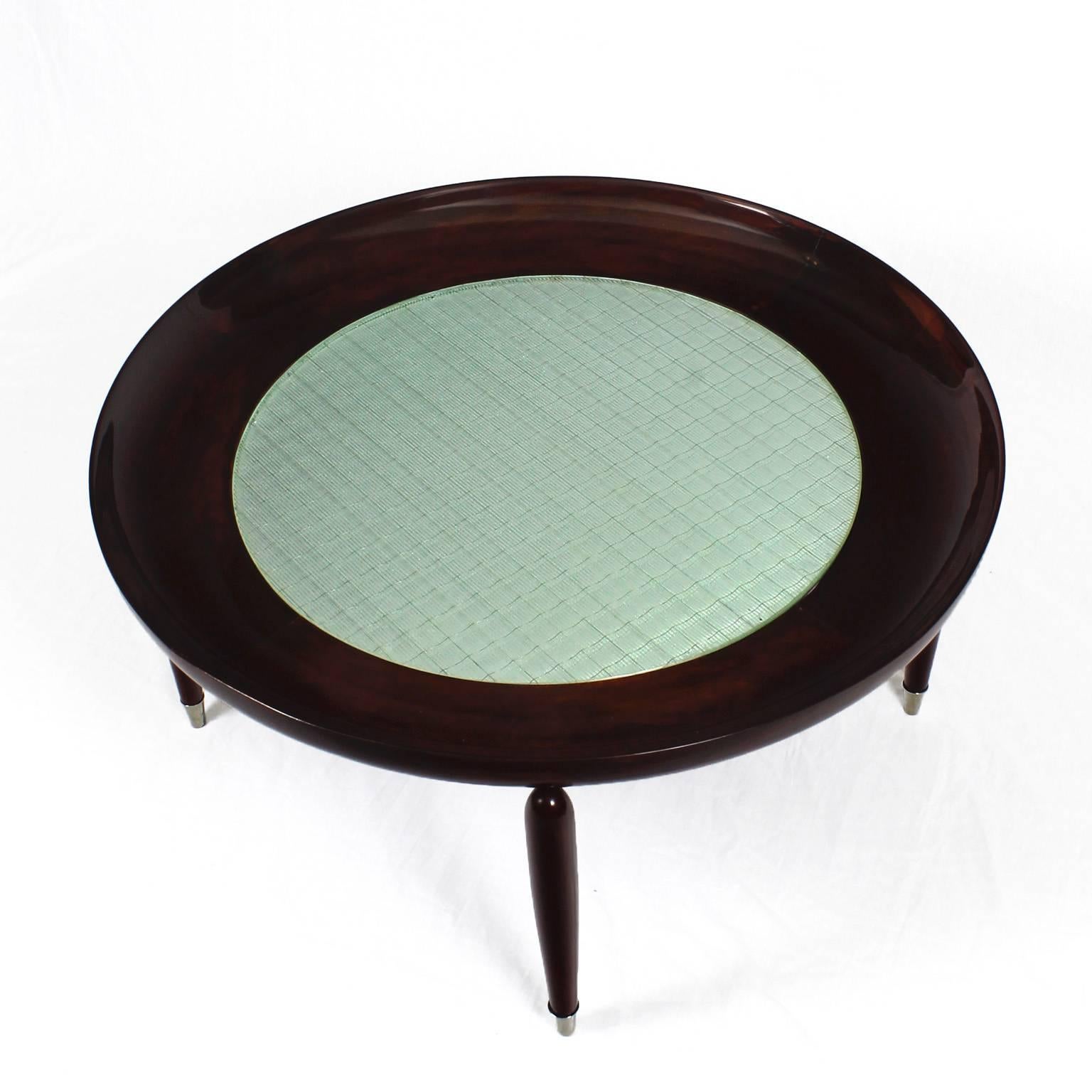 Italian 1945-1950 Round Coffee Table, solid mahogany, mirror, wire glass, brass - Italy 