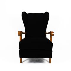 1940´s Pair of Wing Armchairs, solid oak, black wool - France