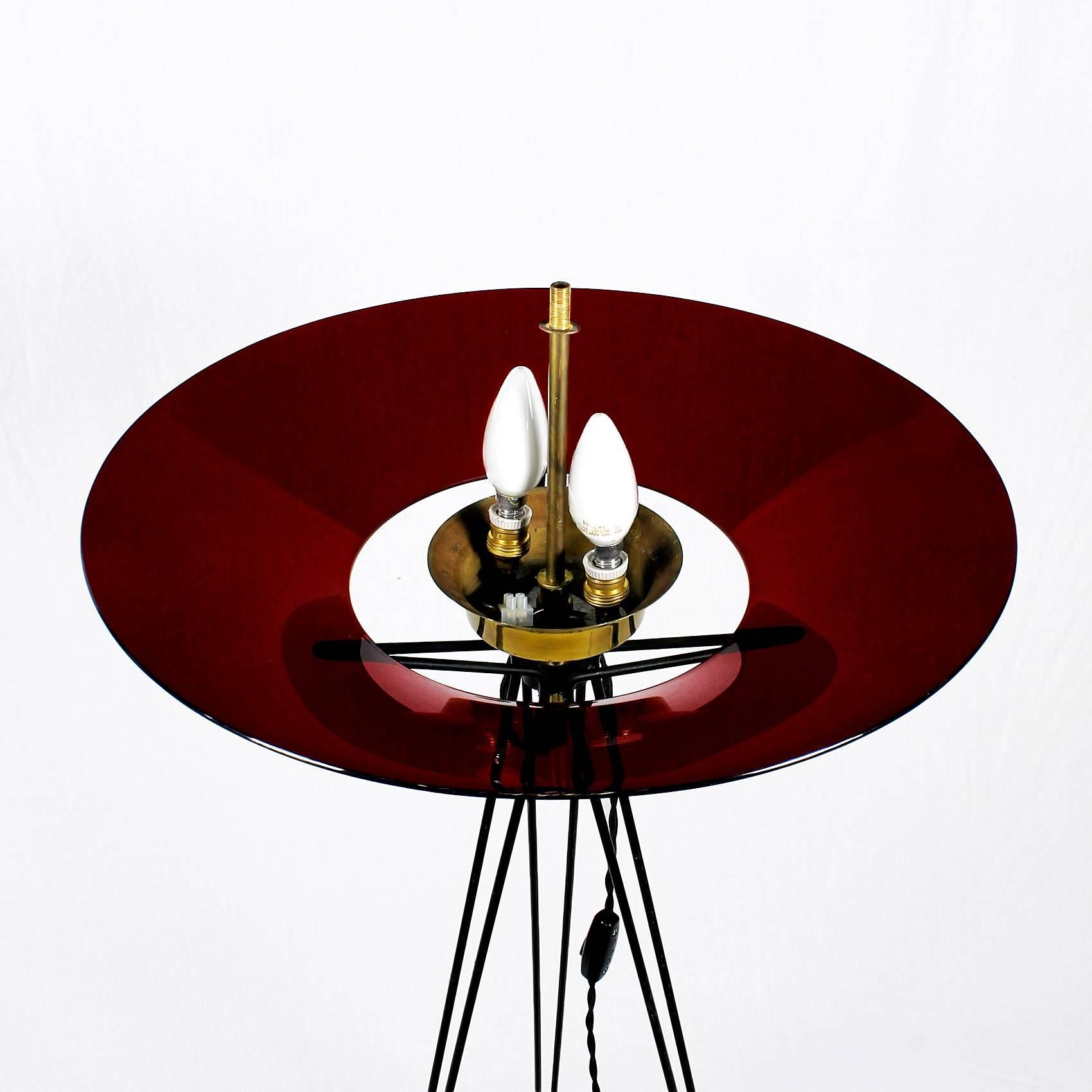 1960´s Tripod Standing Lamp, metal, white opaline, brass, plexiglass - Italy In Good Condition In Girona, ES