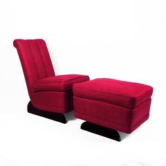 1930´s Art Deco Low Chair and Ottoman, wood feet, pink linen upholstery - France