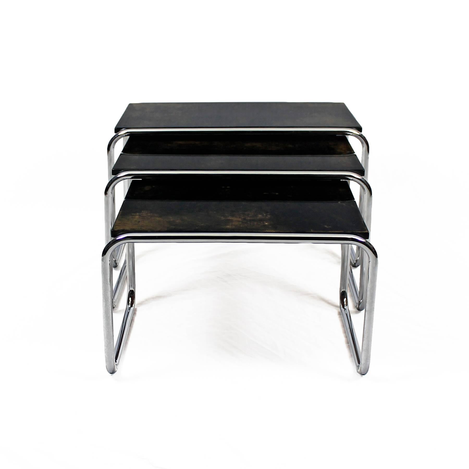 French 1960´s Set of Nesting Tables, chromed plated metal, stained parchment - France 