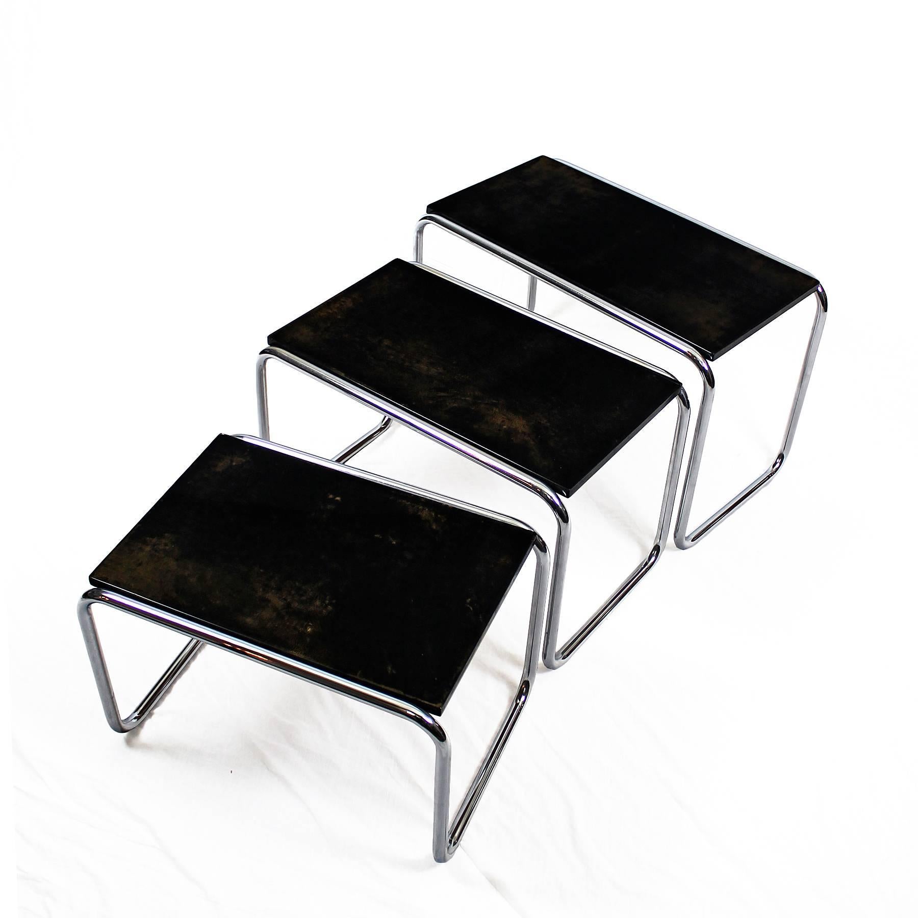 1960´s Set of Nesting Tables, chromed plated metal, stained parchment - France  In Good Condition In Girona, ES