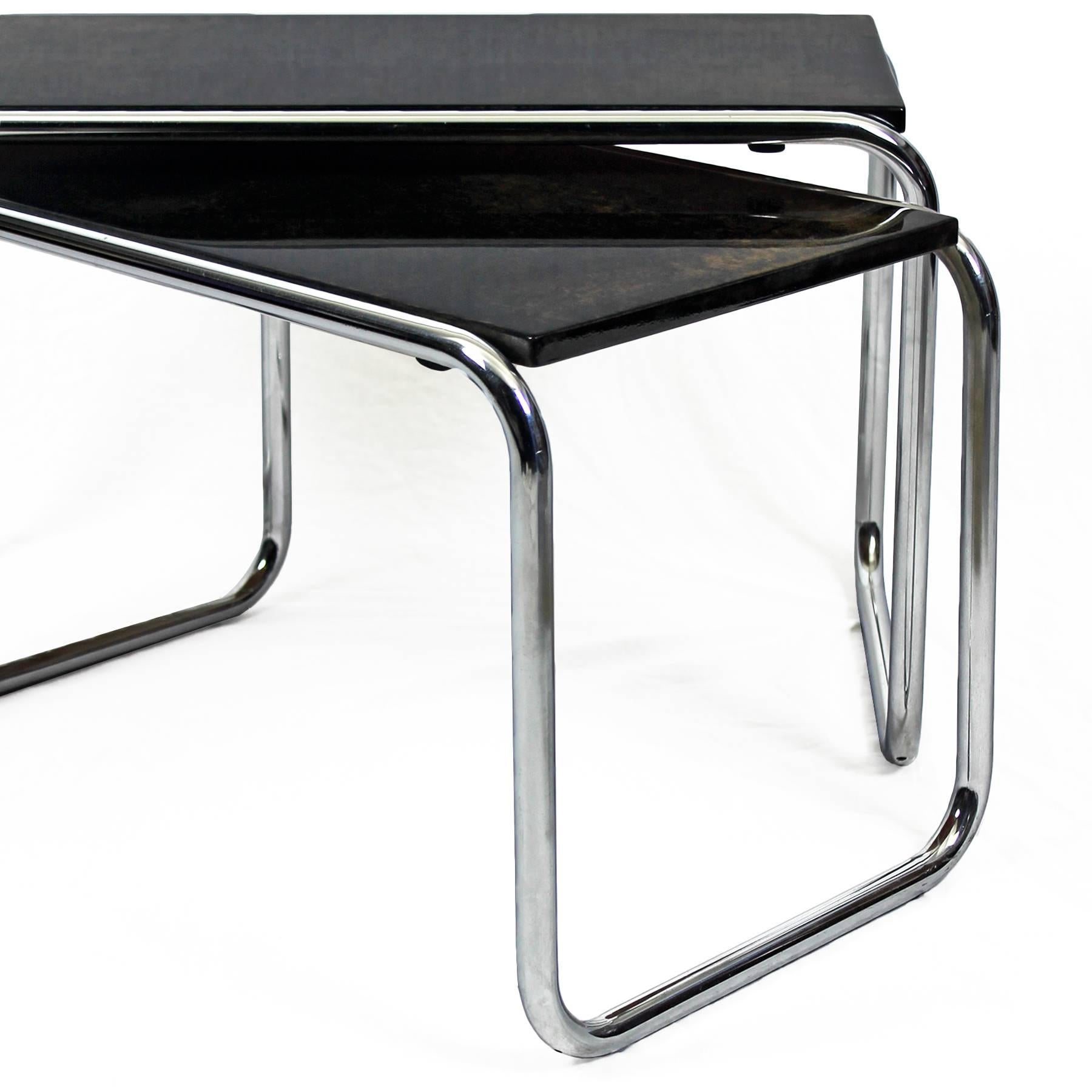 Mid-20th Century 1960´s Set of Nesting Tables, chromed plated metal, stained parchment - France 